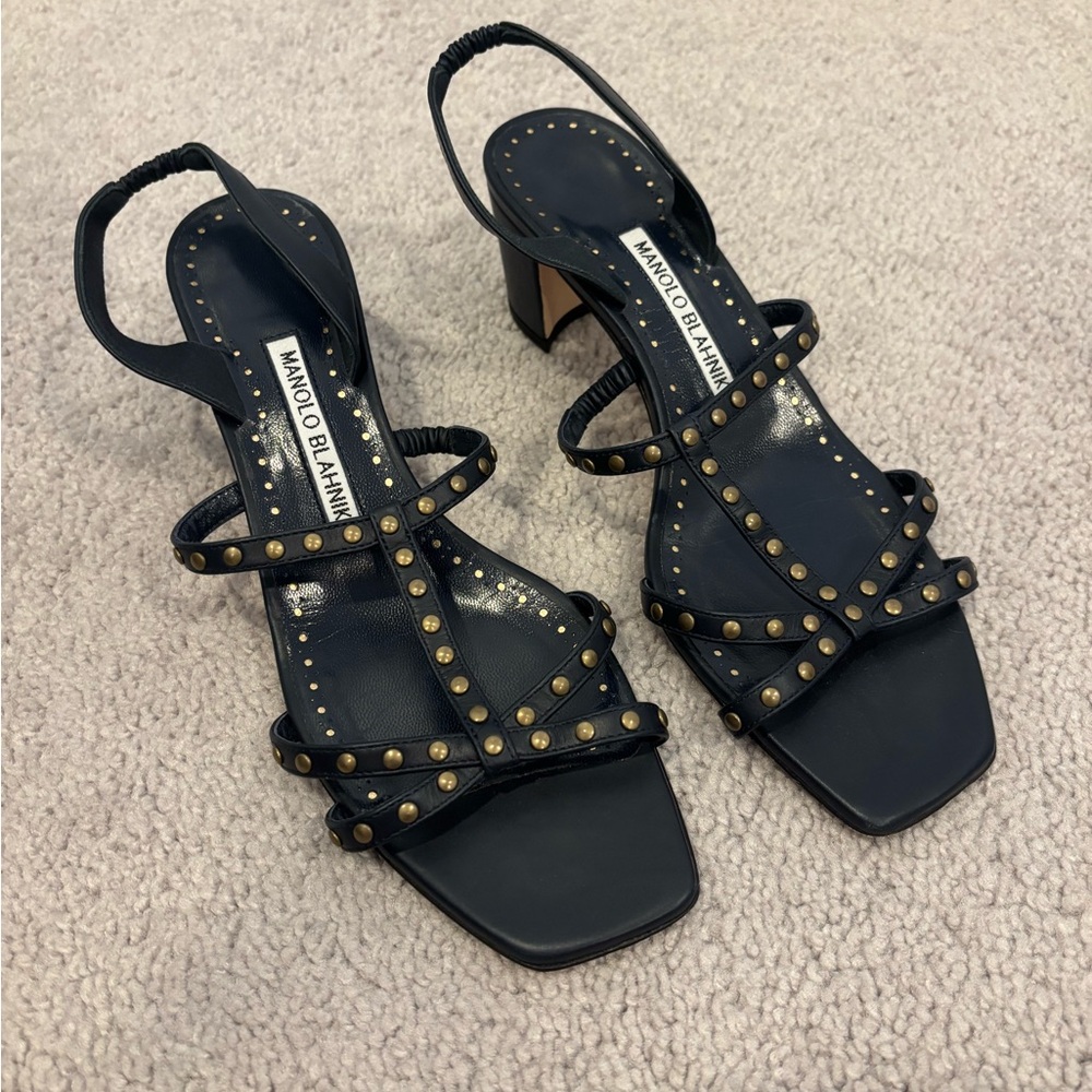 Manolo Blahnik Black and Gold Studded Sandals